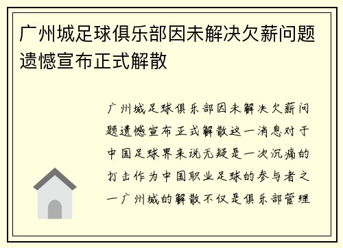 广州城足球俱乐部因未解决欠薪问题遗憾宣布正式解散