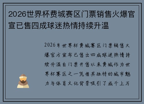 2026世界杯费城赛区门票销售火爆官宣已售四成球迷热情持续升温